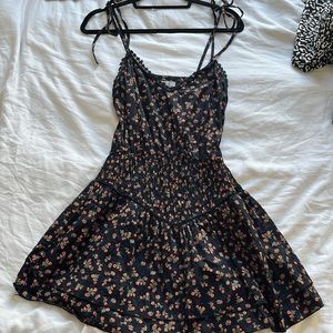 ASOS black floral mini dress, tie straps and ruching US 4/S
